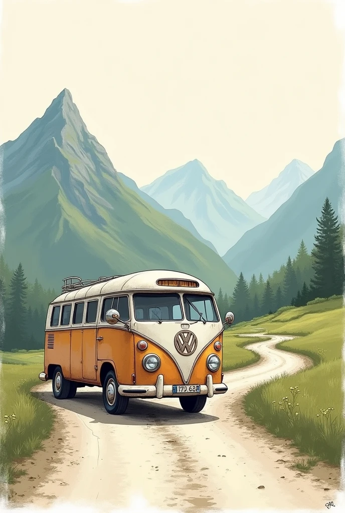 Create an image of a bus going down a hill with a view of mountains, make it more drawn
