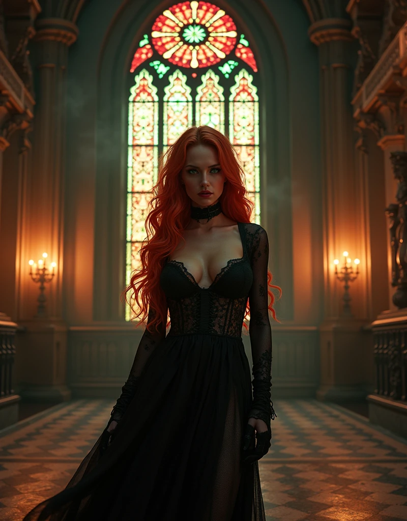 1:(extra wide angle entire room:2.0),(best quality,4k,16k,highres,masterpiece,ultra-detailed,realistic,dark gothic stained glass window,vibrant red glass colors,detailed intricate patterns,medieval architectural element,dark and mysterious atmosphere, light filtering through the stained glass and grand candellight,fine artistic details,sharp focus,high walls, big gothic vampire style interior,vivid colors,portraits,concept artists,rich and deep black:1.6 color tones,stunning play of light and shadow, medievale bed:2.0),.,(masterpiece,Distinguished Quality).BREAK2:(An ultra hot),(1 female age 18),(evil witch,realistic,ultra-thick long,bright,high contrasts,bloodred:0.9,orange:0.1 hair),(Large, high contrast green:0.9, bright yellow:0.1),extra big eyes,extra long, thick,dark eyelashes),(blood red, plump lips),(beautiful eyes)Big breasts, big ass,thin waist,(glowing skin: 1.2), (long legs :1.1),(thick and toned thighs),(attractive expression,alluring:1.3),(detailed hands,realistc long monsters claws)(Look at me) =#The entire setup is masterpiece 1:3 framed with the grandeur of medieval gothic style, focus on entire room#