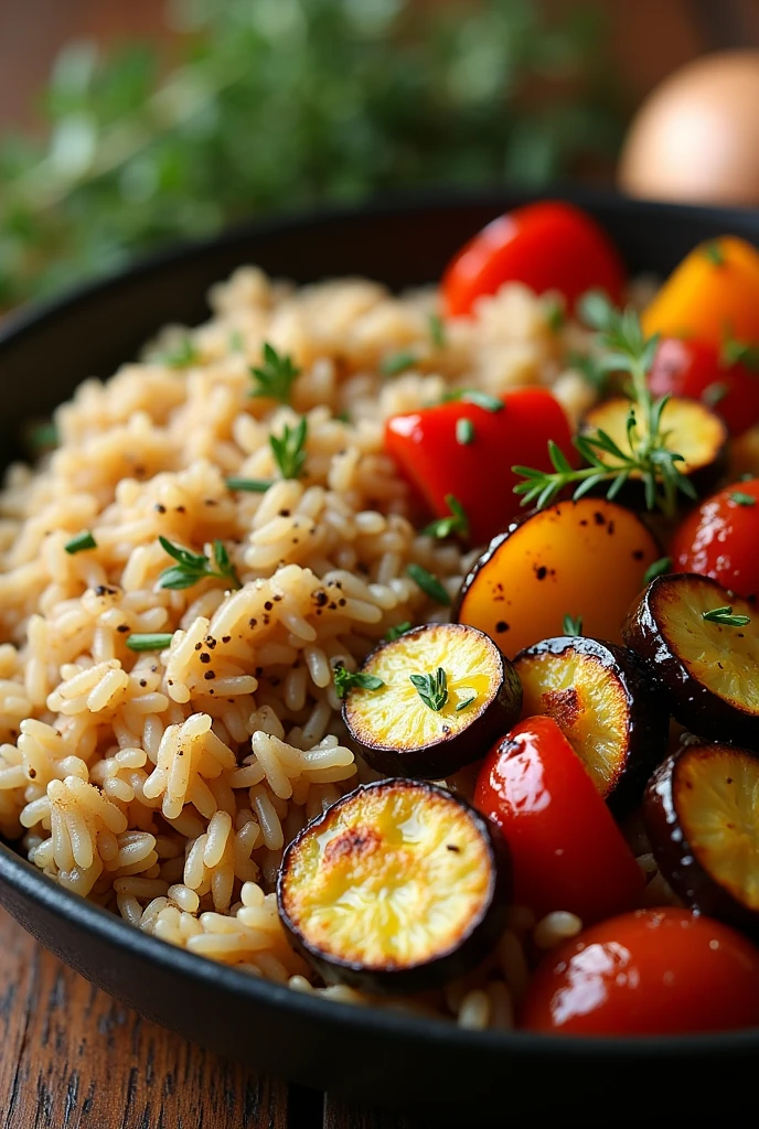 Create an image of this recipe: Brown Rice with Roasted Vegetables Ingredients:
- Brown rice: 100 g - Zucchini: 100 g - Red pepper: 100 g - Berenjena: 100 g - Onion: 50 g - Olive oil: 20 ml
- Sal: 5 g - Pepper: 2 g - Fresh thyme: 5 g Preparation:
1. Cook brown rice in salted water according to package directions.. Drain and set aside.
2. Preheat the oven to 200°C.
3. Cut the zucchini, Pepper, Eggplant and onion in medium pieces.
4. Place the vegetables on a baking sheet, drizzle them with olive oil, and season with salt, pepper and fresh thyme.
5. Roast the vegetables in the oven for 25-30 minutes., until tender and golden.
6. Mix the cooked brown rice with the roasted vegetables and serve hot..