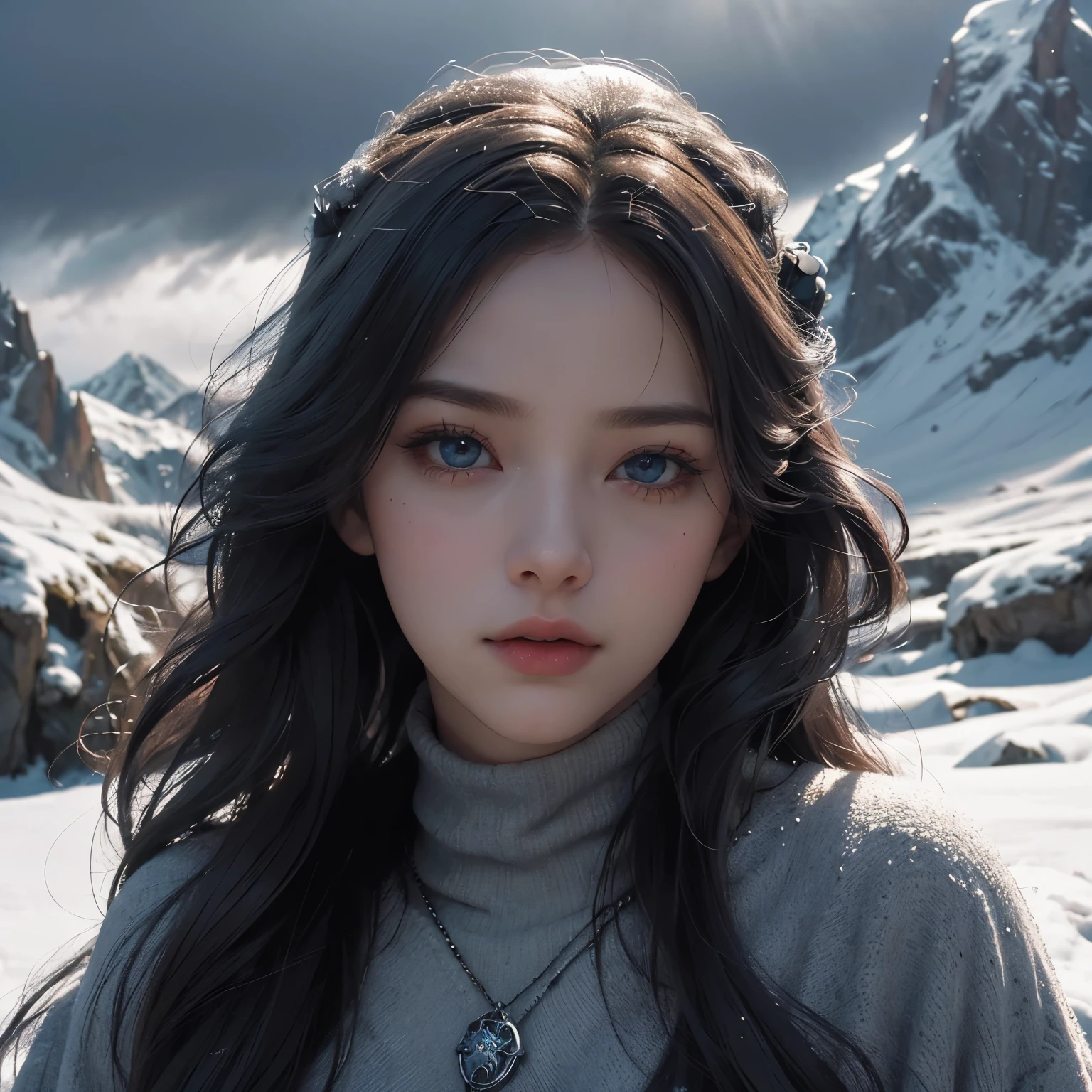 A lonely maiden, (1girl:1.2), high detailed face, beautiful detailed eyes, beautiful detailed lips, extremely detailed eyes and face, long eyelashes, wandering through a vast, snow-capped (mountainous landscape:1.2), (realistic, photorealistic, photo-realistic:1.37), (best quality,4k,8k,highres,masterpiece:1.2),ultra-detailed,(realistic,photorealistic,photo-realistic:1.37), cold winter wind, ethereal, melancholy, hopeful, surreal, cinematic lighting, dramatic, (moody, atmospheric, dramatic:1.1), muted color palette, (fantasy, dreamscape:1.1)