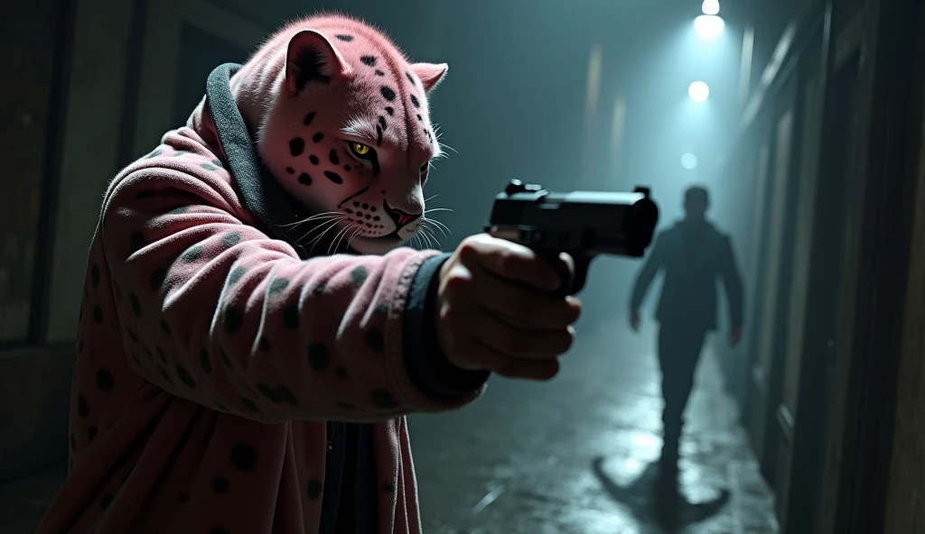 "Create a realistic cinematic-style image of A male character wearing a realistic panther pink with some black spots, dressed as a detective, pointing a gun towards a fleeing shadow. The scene should be tense and dramatic, with the panther's expression focused and determined. The setting is dark, with minimal lighting casting long, sharp shadows. The elusive shadow in the distance should be partially obscured, adding to the sense of mystery and danger, while the panther's posture conveys readiness and alertness."