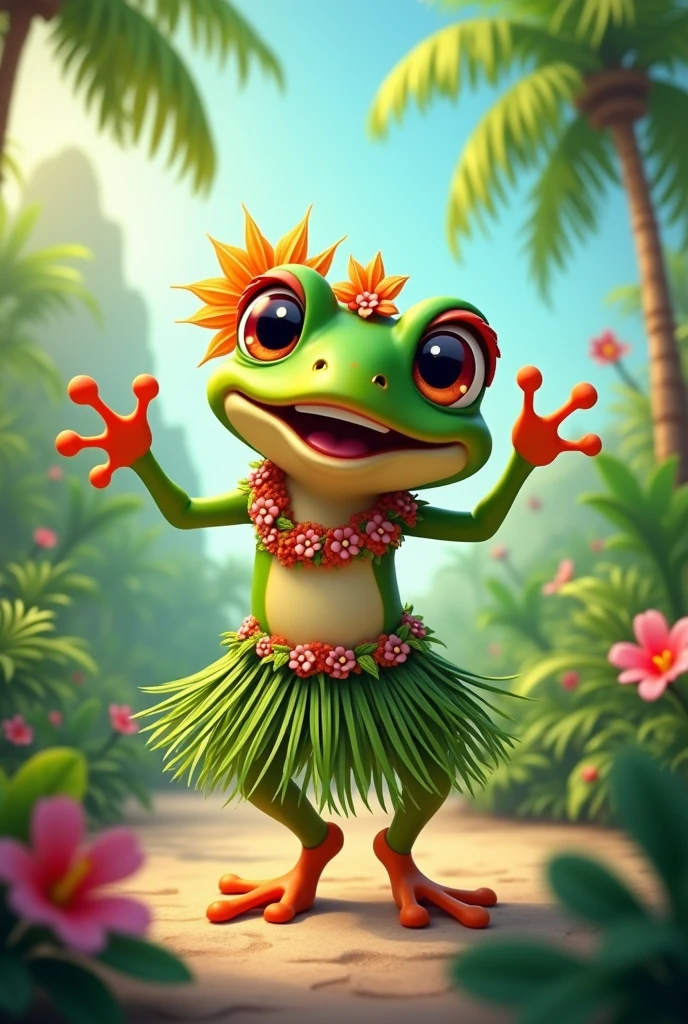 A kawaii frog as a Tahitian dancer with a pink cell phone