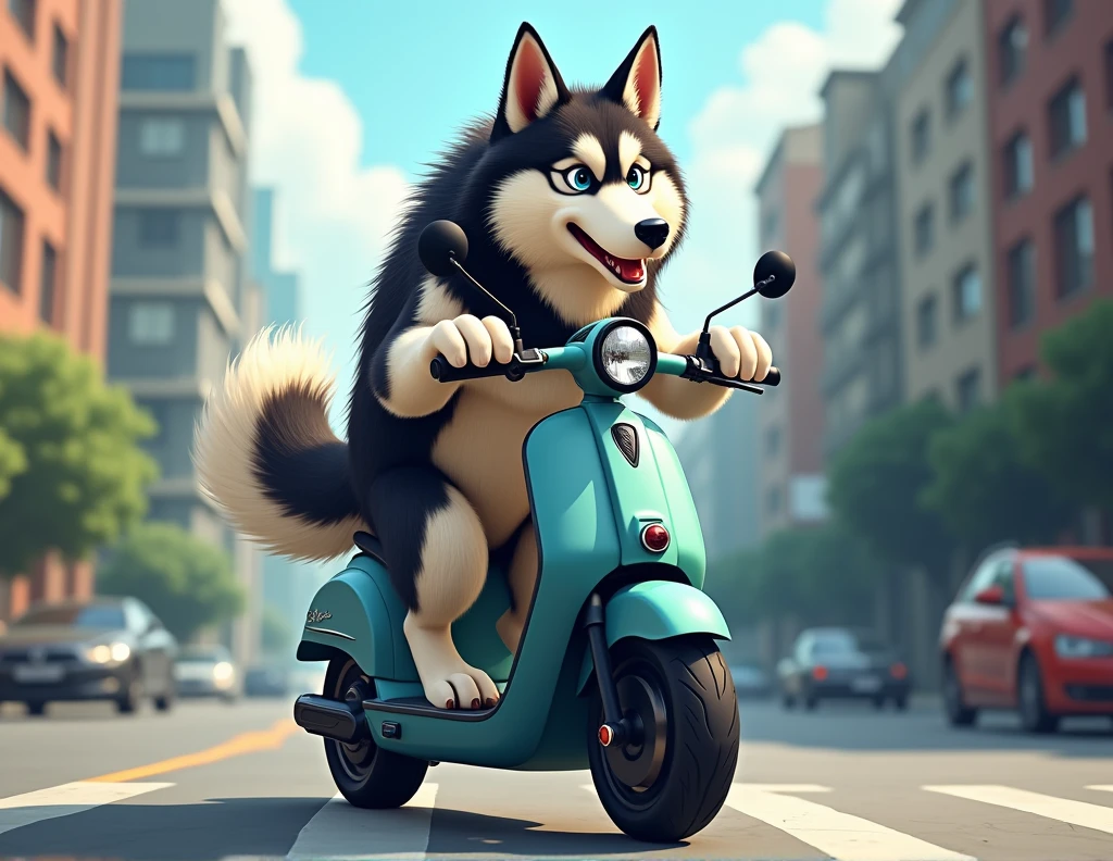husky sur une trottinette électrique
