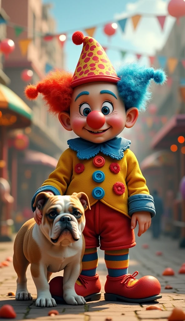 Create an ultra-realistic image of a dwarf dressed as a clown, accompanied by a bulldog.
The dwarf should be approximately 1.40 meters tall with a stocky build and a friendly demeanor. His face should show a penetrating and challenging gaze combined with a mocking smile, emphasizing his playful and audacious character. He is wearing an intricately detailed clown costume with a jacket in bright colors such as red, yellow, and blue, featuring large, realistic buttons and vibrant polka dot patterns. The costume is complemented by striped pants and oversized, colorful shoes. Add a realistic curly, colorful wig and a large, red clown nose that fits seamlessly with the overall look.
The bulldog should be positioned next to the dwarf, with a realistic, robust body and large head. Its fur should be depicted with high fidelity, showcasing textures and patterns in white with brown or brindle patches. The bulldog's expression should be friendly yet aligned with the clown's challenging attitude, showing a sense of loyalty and companionship.
The background should be a festive setting, such as a park or fair, rendered with realistic details and vibrant colors, including decorations and elements that enhance the joyful and lively atmosphere.