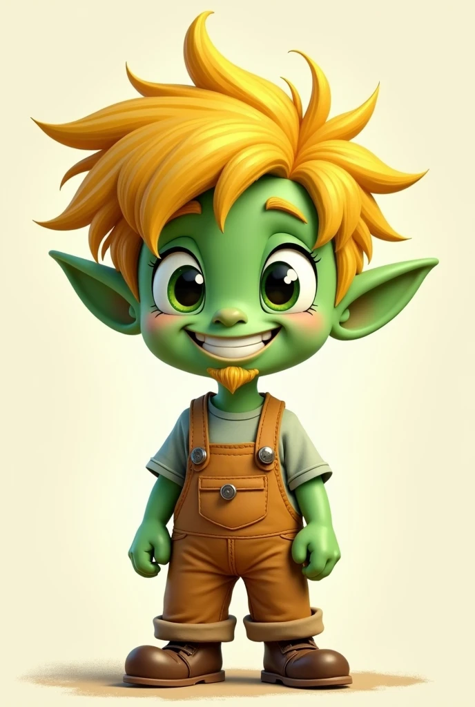 a cartoon green boy with yellow hair and overalls, a digital rendering, a character portrait, inspired by Wendy Froud, tomba, it\'s name is greeny, small blond goatee, toonix character, cell shaded cartoon