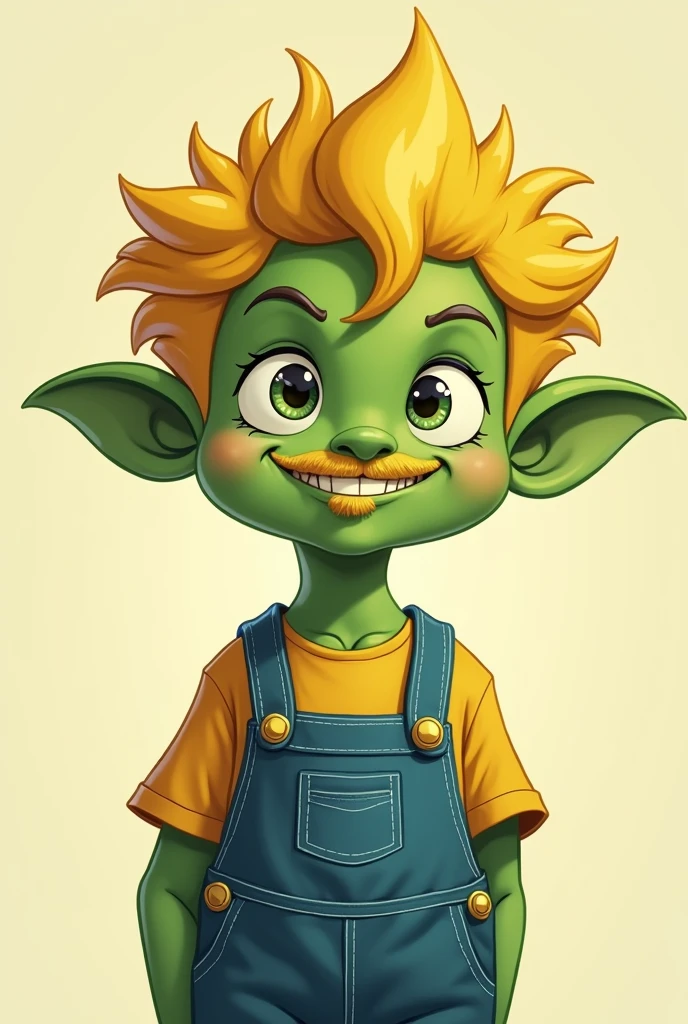 a cartoon green boy with yellow hair and overalls, a digital rendering, a character portrait, inspired by Wendy Froud, tomba, it\'s name is greeny, small blond goatee, toonix character, cell shaded cartoon