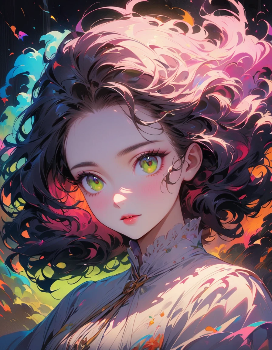 detailed textures, high quality, high resolution, high accuracy, realism, color correction, correct lighting settings, harmonious composition. a cute anime girl with A yellow dress made of clouds, the skirt is very fluffy and billows in the wind as she walks, big green eyes with lashes around her face, hair like clouds, white skin glowing in bright light, oil painting, brush strokes, anime style, full-body portrait, dark background, neon lights, colorful, in the style cute --ar 3:4 --niji 6