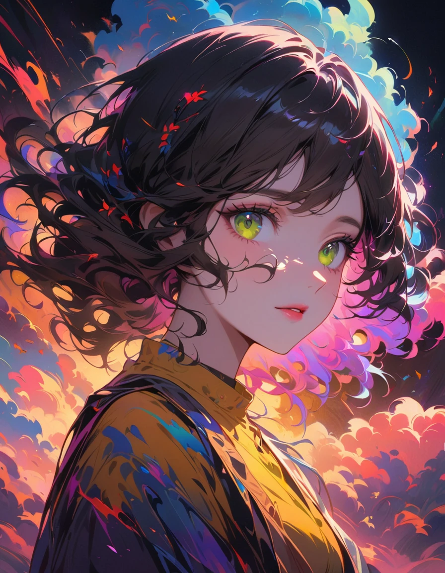 detailed textures, high quality, high resolution, high accuracy, realism, color correction, correct lighting settings, harmonious composition. a cute anime girl with A yellow dress made of clouds, the skirt is very fluffy and billows in the wind as she walks, big green eyes with lashes around her face, hair like clouds, white skin glowing in bright light, oil painting, brush strokes, anime style, full-body portrait, dark background, neon lights, colorful, in the style cute --ar 3:4 --niji 6