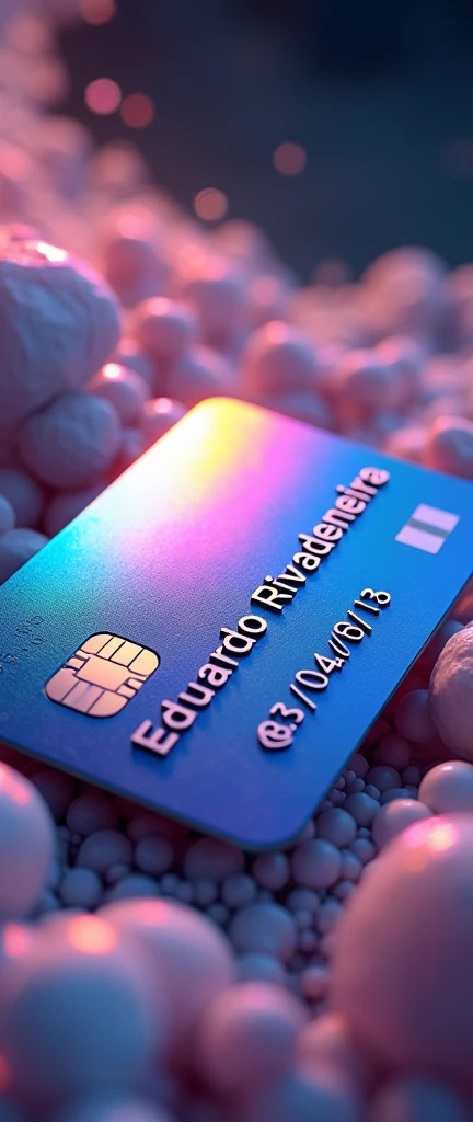 A stunning, ultra-realistic 3D illustration of an iridescent colored MASTER card with the name "Eduardo Rivadeneira" engraved on it. The card shines with a kaleidoscope of colors, reflecting light in all directions. The background is a blend of space and abstract shapes, creating a mesmerizing visual experience. The attention to detail and 8K quality make this a hyper-realistic masterpiece. The date "83/04/13" is discreetly placed below the card, adding a personal touch. This 3D render showcases conceptual art at its finest, pushing the boundaries of reality.