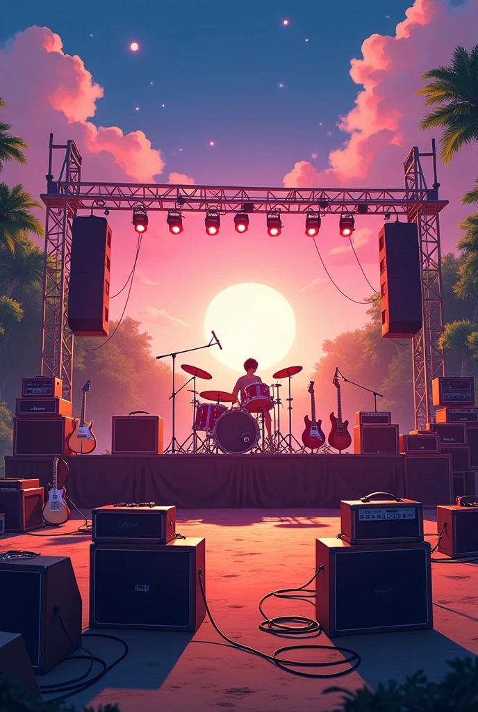 Viral anime rock stage wallpaper in 4K quality, in the digital illustration style inspired by Hayao Miyazaki, featuring a rock n roll stage the instruments and amplifiers, outdoor stage with natural lighting, giving the impression of a festival atmosphere with vibrant and warm color temperature, without human characters, just stage and instruments.