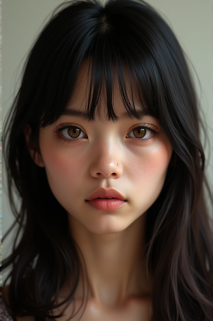 Mixed race, straight hair, brown eyes