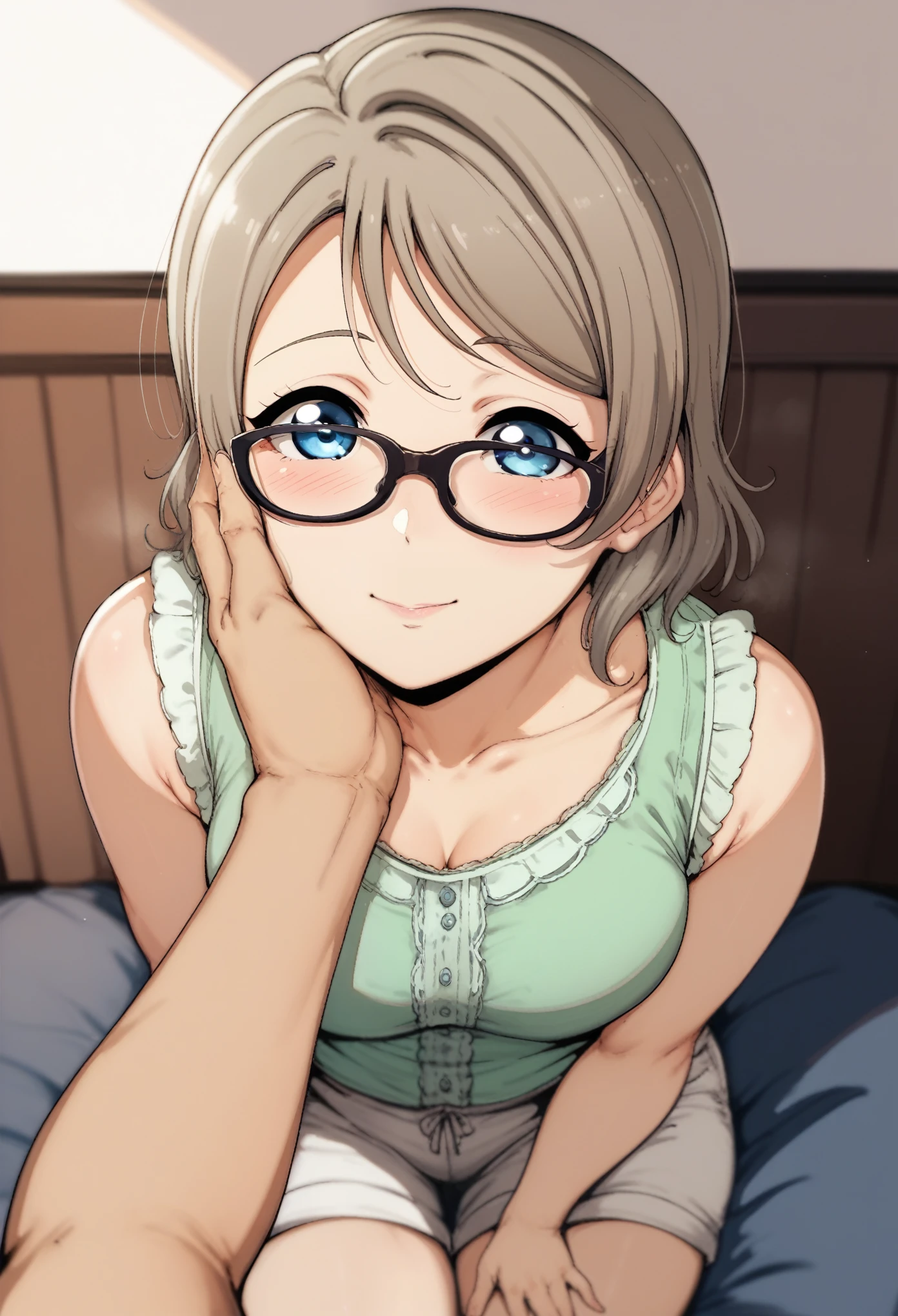 Watanabe you love live,alp art style , medium hair,gray hair , blue eyes ,black-framed eyewear ,blush ,looking at viewer ,solo focus, green blouse, white shorts , pov hand on face,cute,head tilt