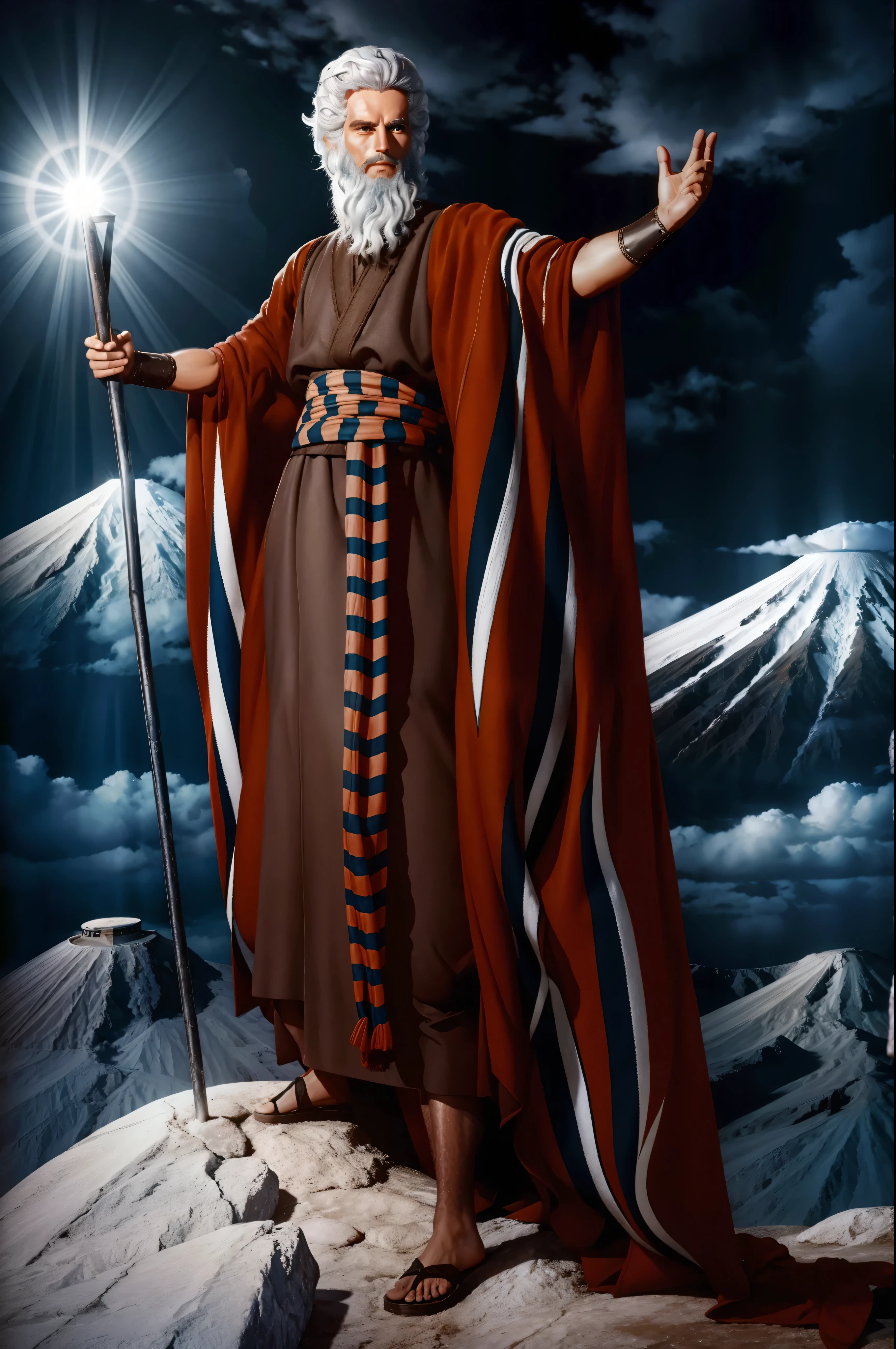 1 homem com um mantea branco, mantea, big white hair standing on Mount Ararat, crying and praying, and the illuminator light;, 4 k realistic