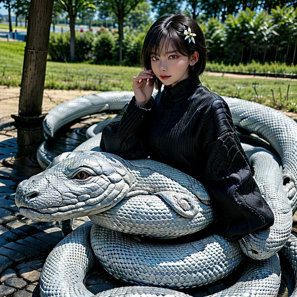 Girl (black hair,  Holding a flower ), Background Story (Floresta, lua), white big snake(One red eye white snake,the sorcerer and white snake), girl talking to snake. 