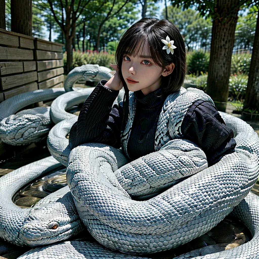 Girl (black hair,  Holding a flower ), Background Story (Floresta, lua), white big snake(One red eye white snake,the sorcerer and white snake), girl talking to snake. 