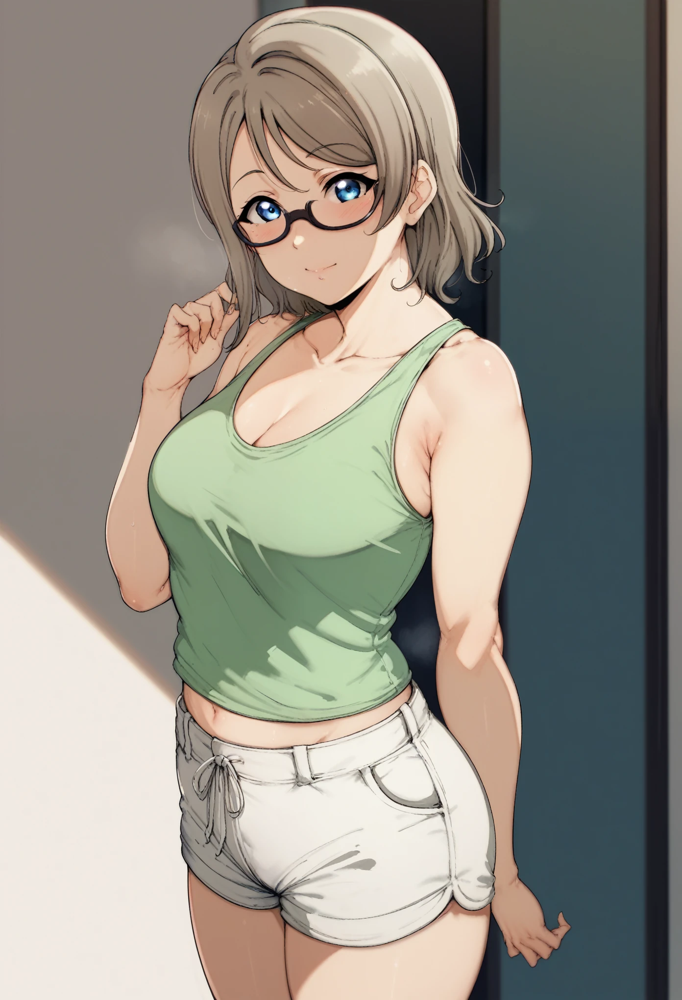 Watanabe you love live,alp art style , medium hair,gray hair , blue eyes ,black-framed eyewear ,blush ,looking at viewer ,solo focus, green tank top, white shorts , standing