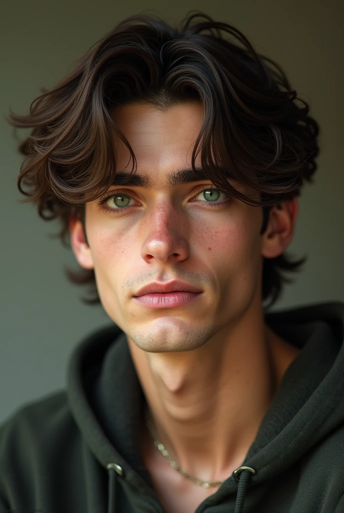 A boy with green eyes, brown, almost black hair that reaches the ear, Caucasian skin, he is 20 years old, jaw a little more square, he is not very thin