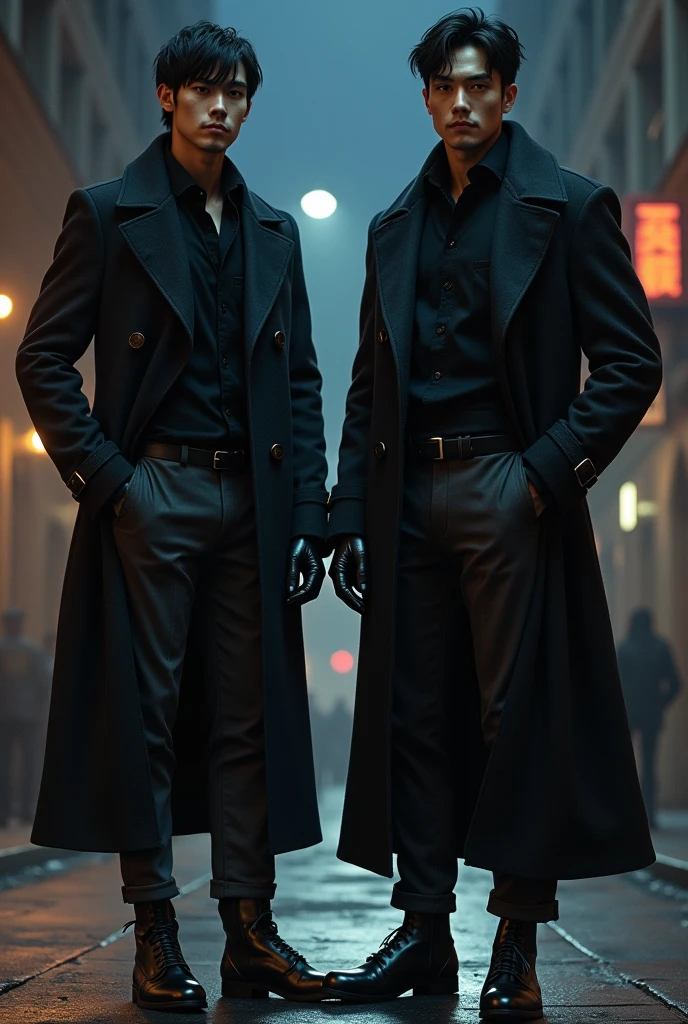 Imagine a 2 man, white-skinned, with 1,75 m high. He has short, slightly messy black hair., dark brown eyes and a serious expression, but confident. He is wearing black gloves that give a mysterious touch, matching your style. Wears dark gray pants, slightly fitted to the body, that falls softly over well-polished black leather boots.
The highlight of the look is a long, dark overcoat., with a perfect fit, reaching almost to the knees. The fabric of the coat has a modern touch, with a light wool texture, contrasting with the discreet metal buckles on the boots. He's in an upright pose, with one hand in the coat pocket and the other holding the gloves in a relaxed movement. The background could be an urban street at night., illuminated by streetlights, creating an air of mystery and urban style.