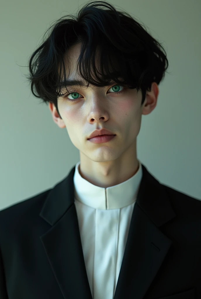 a young man with black hair, Dark green eyes and white, hairless skin in a black suit but with his priest collar