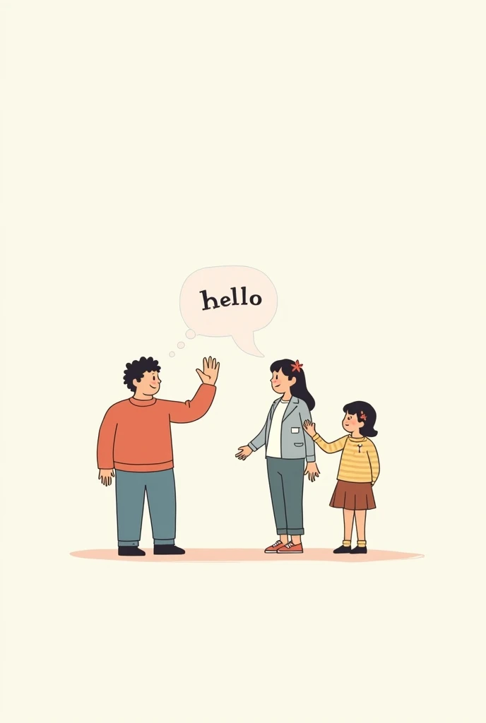 drawing of two people, one that is waving in a text bubble that says "Hello", the other person to greet by waving his hand (only the hand that does not speak)