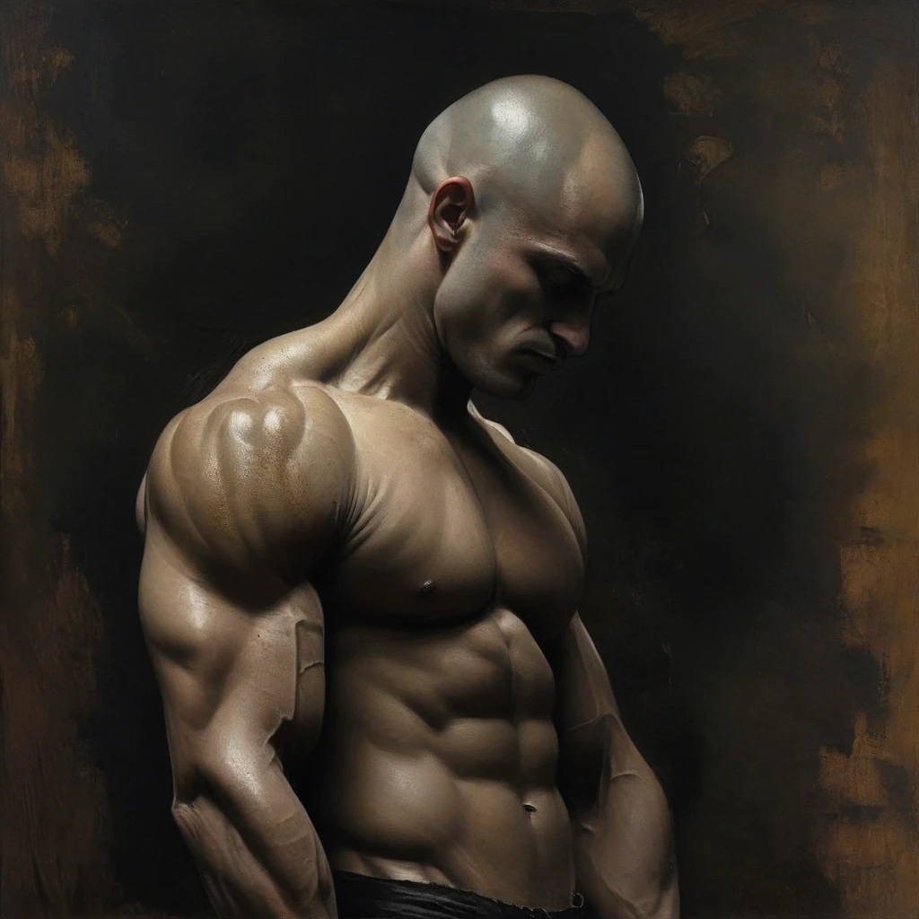 Macabre style, dark, highly detailed, bodybuilder with shaved head, very tall, arms on head, (masterpiece, best quality:1.4) , in the style of nicola samori,