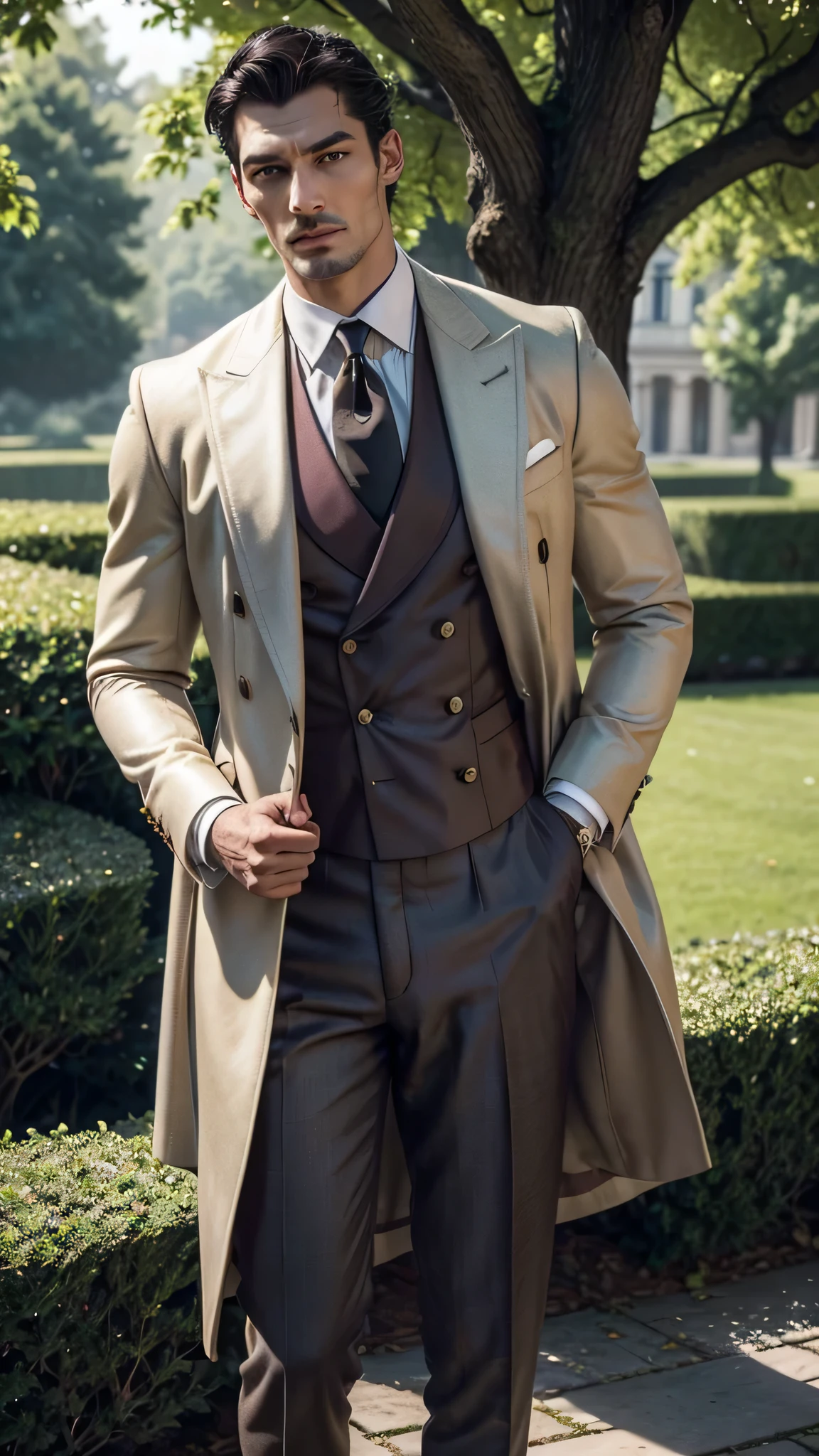 Create an elegant retro vintage fashion scene featuring a male model of African descent, resembling David Gandy. The model has an athletic figure with a striking, masculine physique and a captivating presence. He is dressed as a British prince, wearing a tailored, vintage-inspired royal outfit that includes a finely crafted velvet jacket adorned with intricate embroidery, but he is shirtless beneath the jacket, showcasing his toned physique. The scene is set in a lush royal garden, with manicured hedges and vibrant flower beds creating a picturesque backdrop. The warm sunlight filters through the leaves of ancient trees, casting dappled shadows on the ground and enhancing the regal atmosphere. The model stands confidently on a stone pathway, embodying the grace and poise of royalty. His jacket is elegantly fitted, accentuating his athletic build and the definition of his muscles. The rich colors of the fabric reflect the opulence of royal attire, while the absence of a shirt adds a bold and sensual touch to the ensemble. A decorative brooch glimmers on his lapel, adding a touch of refinement. The model's pose is both regal and relaxed, with one hand resting casually in his pocket and the other gently holding a vintage cane, showcasing his noble demeanor. His gaze is directed towards the camera with a charming and charismatic expression, embodying the classic style and elegance of a British prince. The warm, ambient lighting and slight film grain effect accentuate the retro vintage atmosphere, making the scene feel both timeless and stylish. Filmed on ARRI ALEXA 65, with bokeh and sharp focus on the subject, shot by Don McCullin. The atmosphere should exude a sense of artistic expression with a retro vintage touch, where the model embodies the essence of classic fashion—elegant, refined, and timeless—amidst the enchanting beauty of a royal garden.
