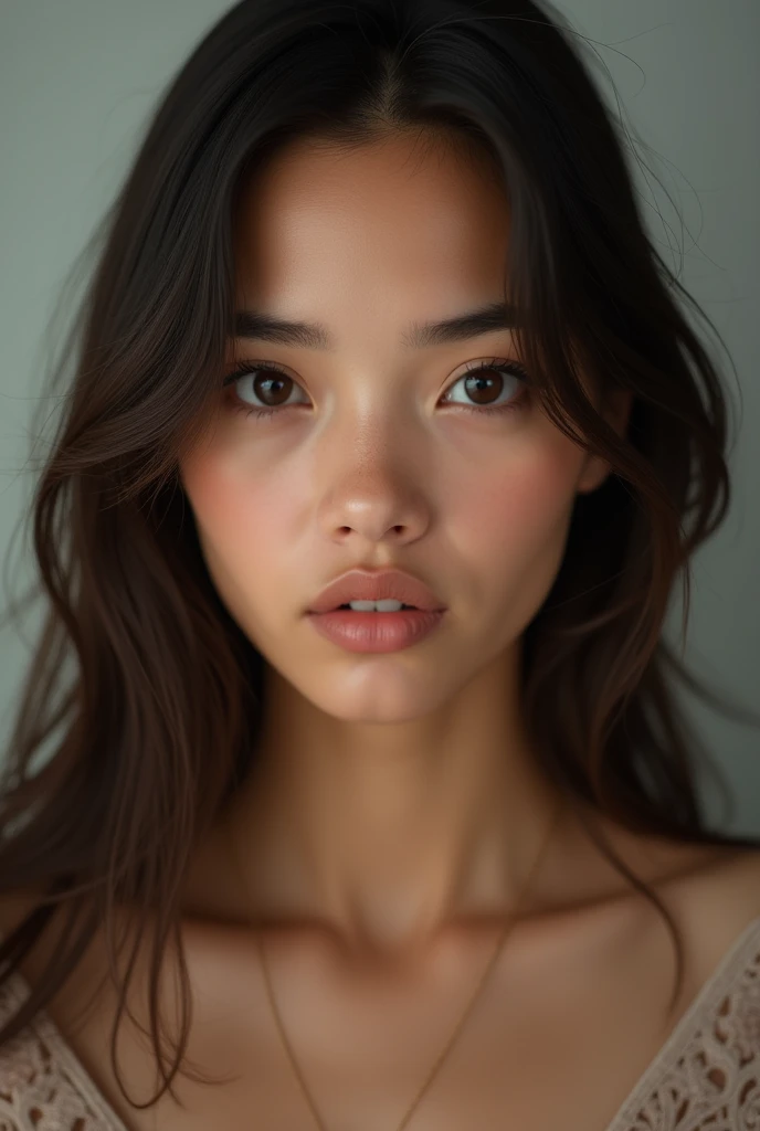 Mixed race woman with straight hair and brown eyes, 20 years old