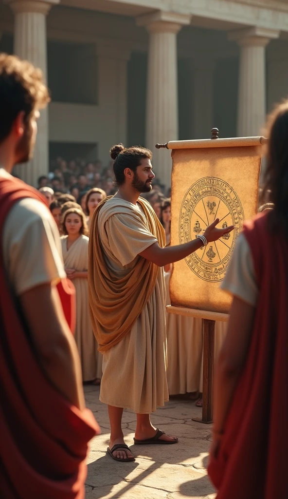 (photorealism:1.2)Galeno Malé physician, explaining in laboratory old the humoral theory, wearing a traditional Roman tunic, in a forum filled with students and listeners, gesturing to a diagram of the four humors on a scroll, medium shot, hyper-realistic, photo realistic, cinematography ar—9:16