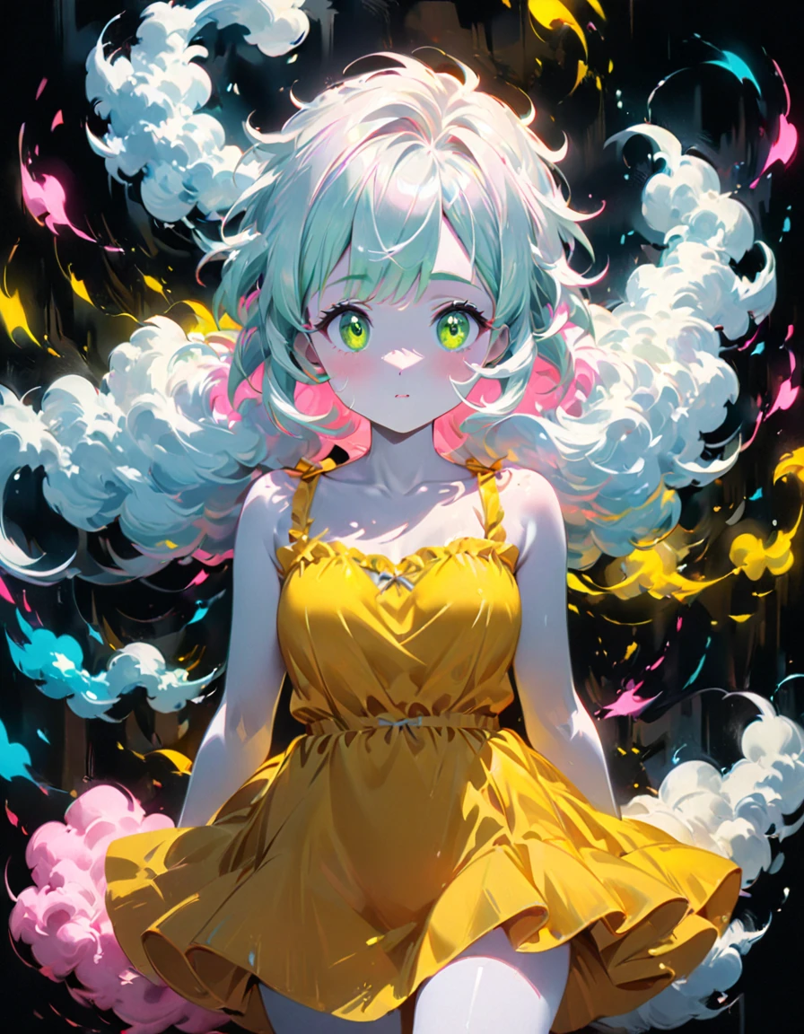 detailed textures, high quality, high resolution, high accuracy, realism, color correction, correct lighting settings, harmonious composition. a cute anime girl with A yellow dress made of clouds, the skirt is very fluffy and billows in the wind as she walks, big green eyes with lashes around her face, hair like clouds, white skin glowing in bright light, oil painting, brush strokes, anime style, full-body portrait, dark background, neon lights, colorful, in the style cute --ar 3:4 --niji 6