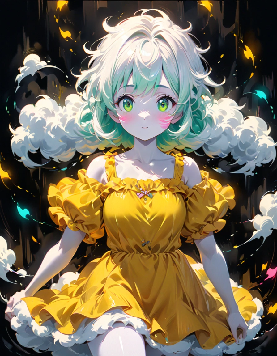 detailed textures, high quality, high resolution, high accuracy, realism, color correction, correct lighting settings, harmonious composition. a cute anime girl with A yellow dress made of clouds, the skirt is very fluffy and billows in the wind as she walks, big green eyes with lashes around her face, hair like clouds, white skin glowing in bright light, oil painting, brush strokes, anime style, full-body portrait, dark background, neon lights, colorful, in the style cute --ar 3:4 --niji 6

