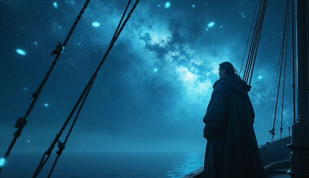 A cinematic and dark scene of a medieval ship's captain standing at the prow, gazing into a star-studded night sky. The sky is a vast, shimmering sea of white and blue stars, hinting at the mythical land of Mu. Ethereal, shimmering forms drift around the ship, their presence suggested by wisps of glowing blue light that encircle the captain. These spectral beings emit faint, melodious whispers that create visible ripples of light, ensnaring the captain in a mesmerizing, otherworldly trance. The scene blends the grandeur of the celestial with the enigmatic allure of the unknown, capturing a sense of both wonder and impending mystery., Surrealism, Hyperrealism, UHD, retina, masterpiece, accurate, anatomically correct, textured skin, super detail, award winning, best quality, 16k
