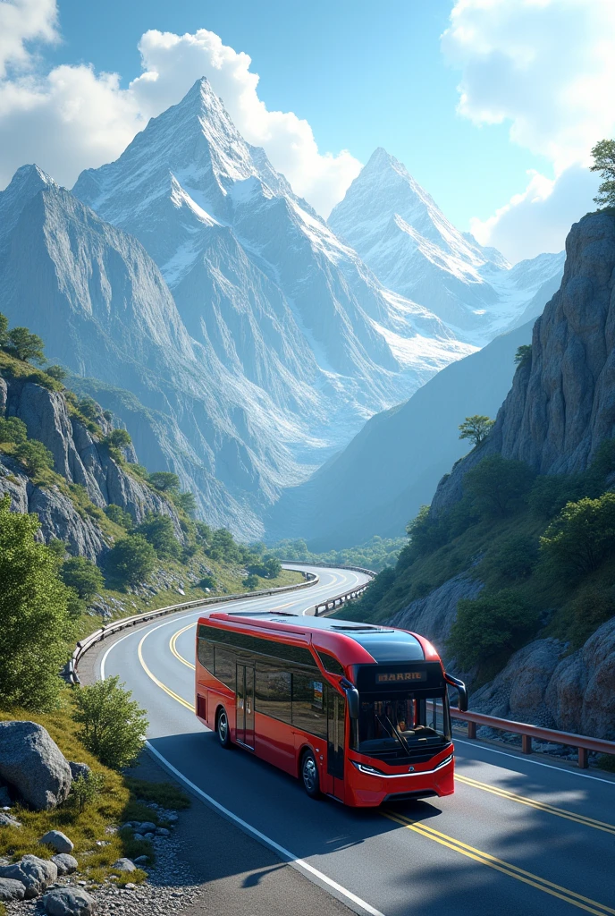 Create an image of a bus going down a hill with a view of mountains, make it more designed Swap the van for a bus