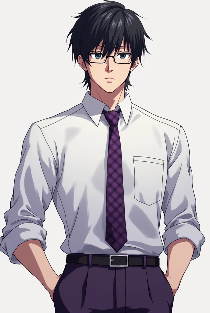Un lycéen d'anime aux cheveux noirs et un tout petit peu longs, vêtu d'une chemise blanche, d'une cravate violette à carreaux et d'un pantalon violet aussi. Il est de taille moyenne. Il a de larges épaules, un large dos, et les yeux très noirs. Il se tient droit, il est de face. Il a des lunettes et un visage très froid, très inexpressif.