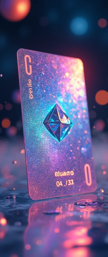 A stunning, ultra-realistic 3D illustration of an iridescent colored MASTER card with the name "Eduardo Rivadeneyra" engraved on it. The card shines with a kaleidoscope of colors, reflecting light in all directions. The background is a blend of space and abstract shapes, creating a mesmerizing visual experience. The attention to detail and 8K quality make this a hyper-realistic masterpiece. The date "83/04/13" is discreetly placed below the card, adding a personal touch. This 3D render showcases conceptual art at its finest, pushing the boundaries of reality.