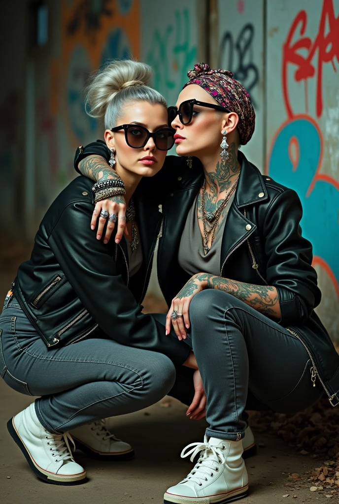 Two russian milf women, one with the arm over the shoulder of the other (who feels a bit dizzy). grey hair (one: bouffant, top bun. The other, straight and middle part}and one wearing oversized square sunglasses and wide colourful bandana as headband), with very light green eyes, extremely pale. Big lips. No tan. Wearing aged cropped black moto jacket (zippers on the side, skull and bones pins). Both: different old worn grey t-shirt with rock band logo. Both:, dark grey worn jeans {with holes on knees). White tennis sneakers. . Lots of thick wide studded bracelets, chain collars and big rings. Both, high boots. Tacky wide studded leather belt with big skull and bones oval buckle. Long earrings with chains and feathers. Squatting with hands on knees or lap, stretching her neck, craving., Neck, chest, stomach and wrists heavily tattoed. Toned abdominals, thin neck, slim legs and thin arms. Narrow hips and slim legs. Black leather studded tote bags. Graffitied wall behind, waste on the groun and piled garbage bags around. At night