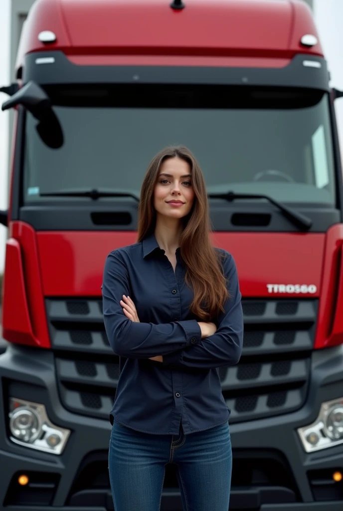 one dressed in a dark blue dress shirt and jeans, cross arm , long straight brown hair, peaceful smile, behind a red Mercedes truck