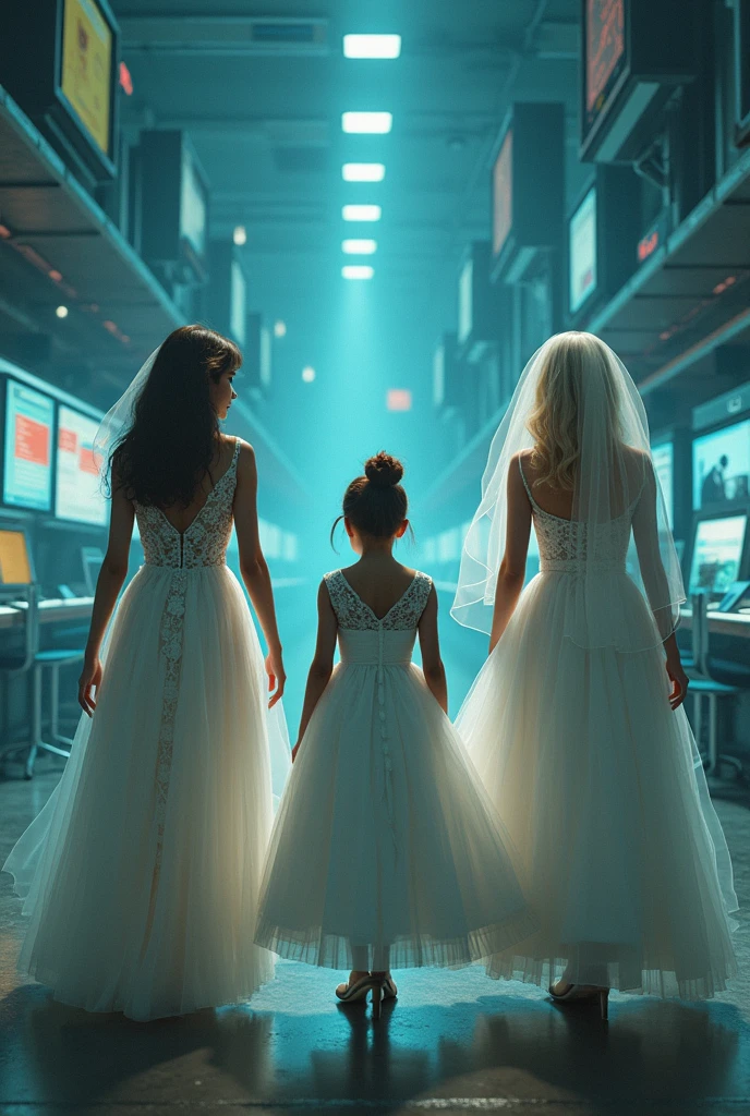 A 20 year old man, a 34 year old blonde woman and a 3 brunette woman are both detectives and wear wedding dresses and are on the web