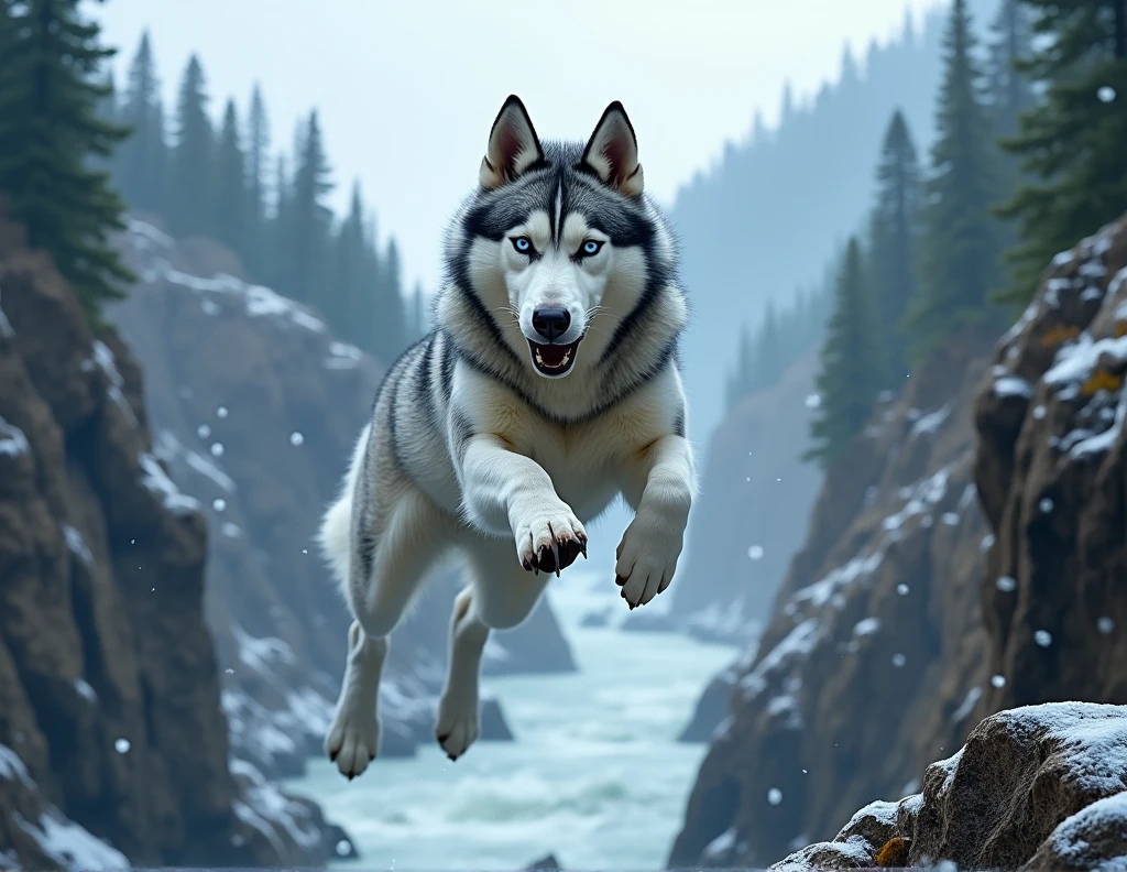 husky qui saute par dessus un ravin