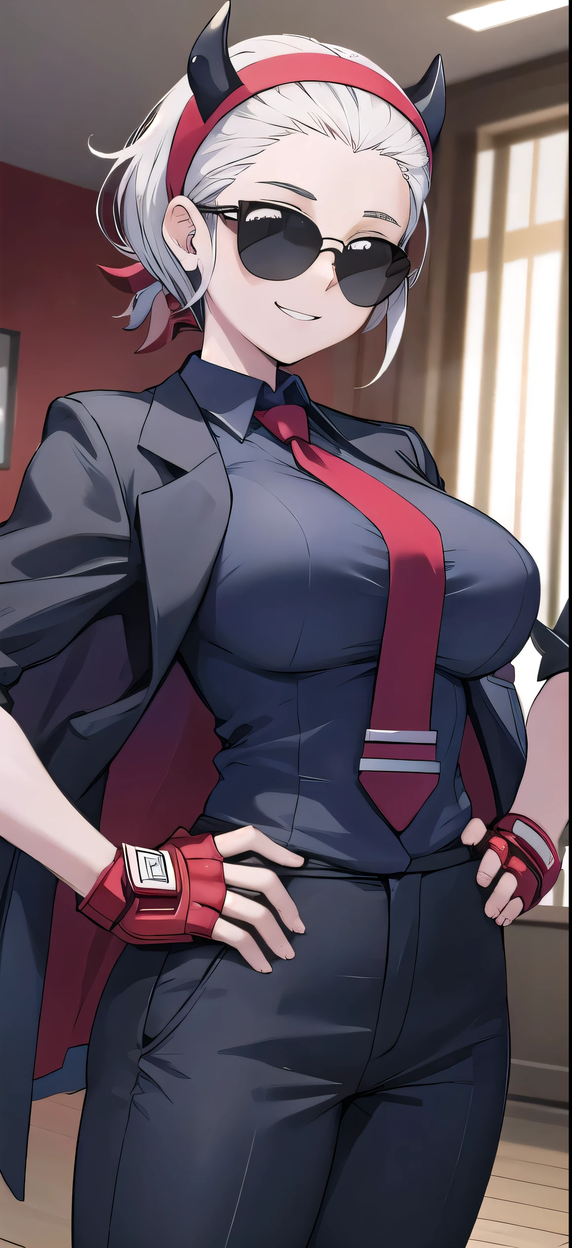 masterpiece,best quality,1girl,mature female,justice,horns,demon girl,demon horns,black horns,short hair,blunt bangs,hairband,hair slicked back,(sunglasses),shirt,red shirt,gloves,red gloves,fingerless gloves,jacket,black jacket,necktie,black necktie,pants,large breasts,grin,confident,hands on hips,indoors,dutch angle,