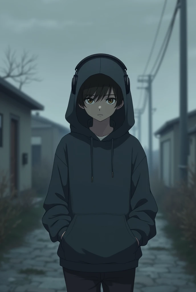 Sad anime boy with his headpone on.Walking with his hoddie on a gray atmosphere