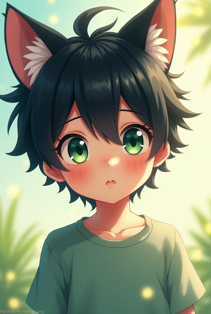 boy, green eyes, black hair, Cat's ears, Cute, аниме стиль boy аниме