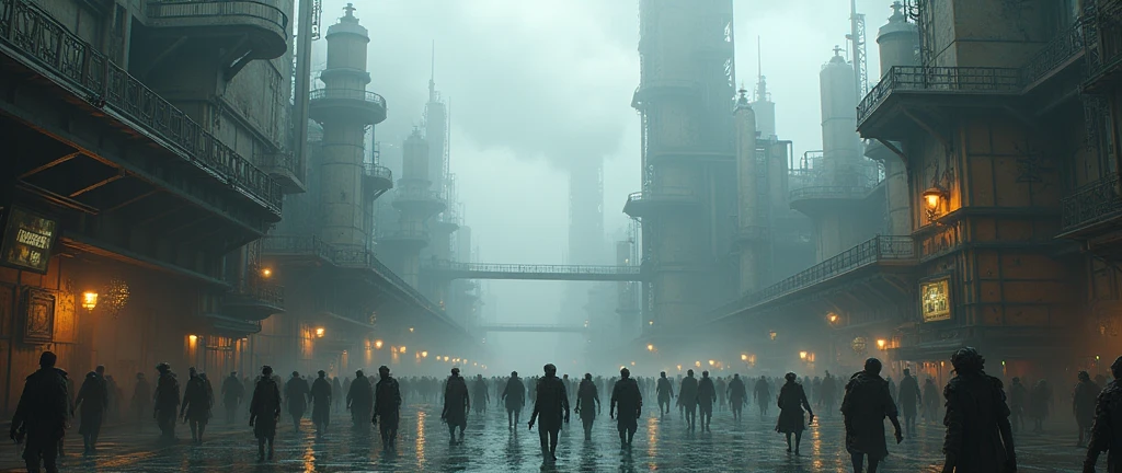 a gigantic steampunk style city, infested by zombies. the city has a very strong fog in it 