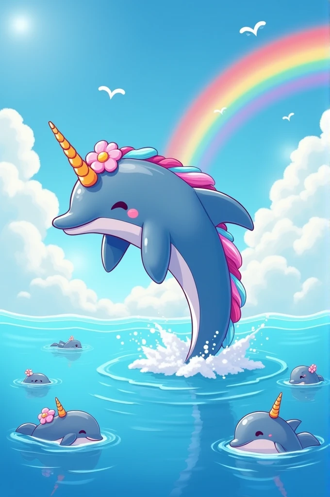 Dolphin with a kawaii rainbow in the water jumping and kawaii clouds and the water very bright with more dolphins and a very kawaii flying unicorn and the image is DEMACIA kawaii and the water is bright