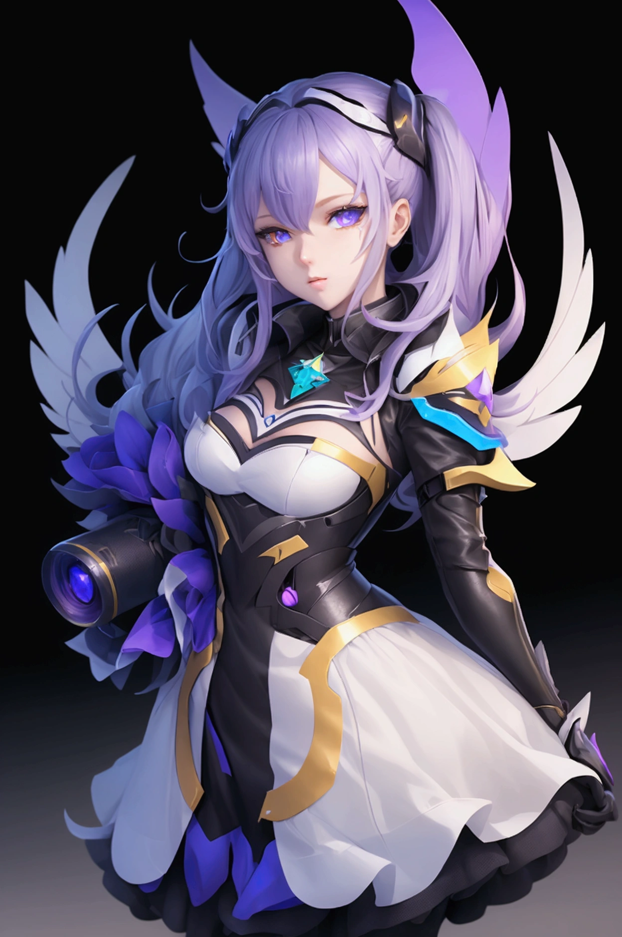 personnage d'anime avec une arme à feu et un fond violet, du jeu vidéo Honkai Star Rail, tenue sur le thème lunaire, style voie d'azur, Silver Wolf Honkai Star Rail, clear conception de tenue, m4 sopmod ii filles première ligne, personnages d'Honkai Star Rail, conception de tenue, tenue chromée, Modèle de Youtuber virtuel Live2D, des filles de première ligne animé, animé, démon, ailes, animé girl, animé art, mecha ailes, cosmic horror entity with ailes, darkness ❄️ �️ taxidermetroid, Ange robot futuriste, Persona 5 Art Style wlop, corbeau en cyberarmure, sombre, Oeuvre officielle, grim and sombre lighting