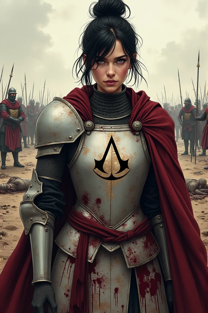 Jennifer carpenter as renaissance knight, with black hair in messy bun. Grey eyes. Has maroon cape. She is standing on the field. her ornate noble light armor with assassins creed emblem is very stained with blood. There is several dead renaissance bodies near her. Semi realistic comics style.