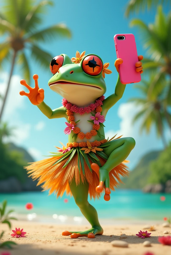 A kawaii frog as a Tahitian dancer holding a pink cell phone