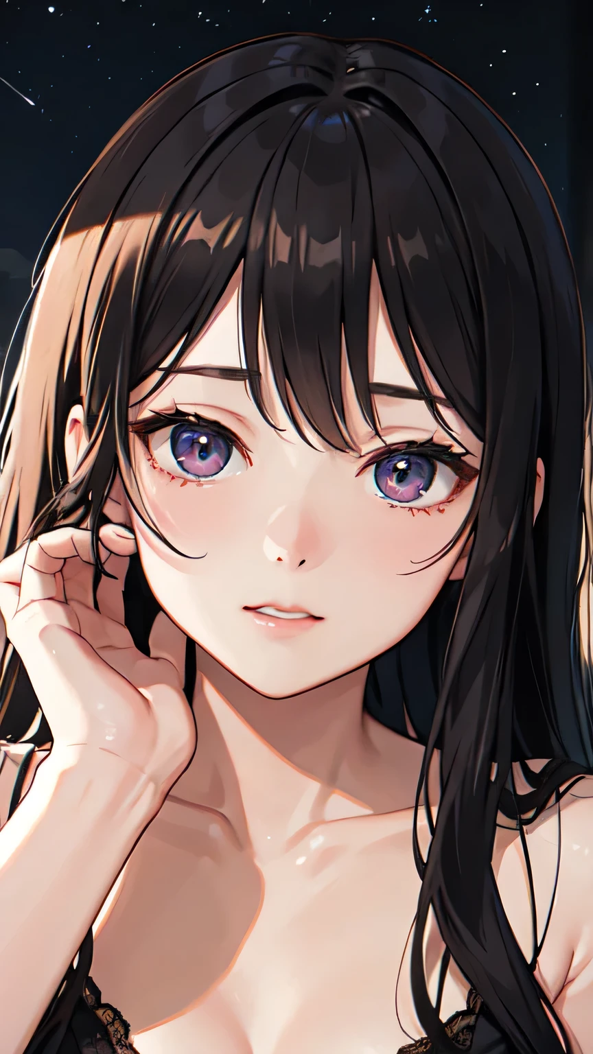 ((Highest quality)), ((masterpiece)), (detailed), One person, Almond Eye,ht,静かなnightの山の上, The shadows of two people sway, Words exchanged under the stars, Resonating deep in my heart, Under the starlit sky, our words resonate ,In the quiet nightur shadows sway, A bond that echoes deep within our hearts , Forever, our friendship will stay,Close up of face