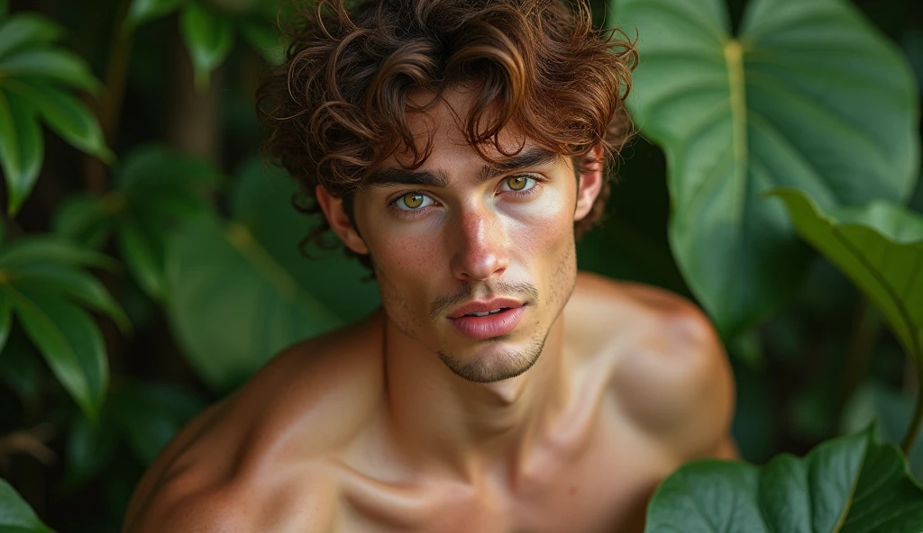 Adam the man in his mid 20s, is a descendant of Aphrodite, ah inherited a certain beauty from him, The he looks very pale, with beautiful, slightly greenish hazel eyes, curly hair not so long, hazelnut brown but sometimes some reddish lights, the boy has a fit body, He is tall and very attractive, too handsome, He is  and is in the garden of Eden, 32K UHD, extremely detailed, high definition, style raw. 