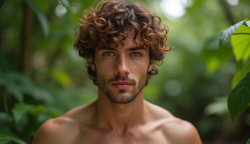 Adam the man in his mid 20s, is a descendant of Aphrodite, ah inherited a certain beauty from him, The he looks very pale, with beautiful, slightly greenish hazel eyes, curly hair not so long, hazelnut brown but sometimes some reddish lights, the boy has a fit body, He is tall and very attractive, too handsome, He is and is in the garden of Eden, 32K UHD, extremely detailed, high definition, style raw.