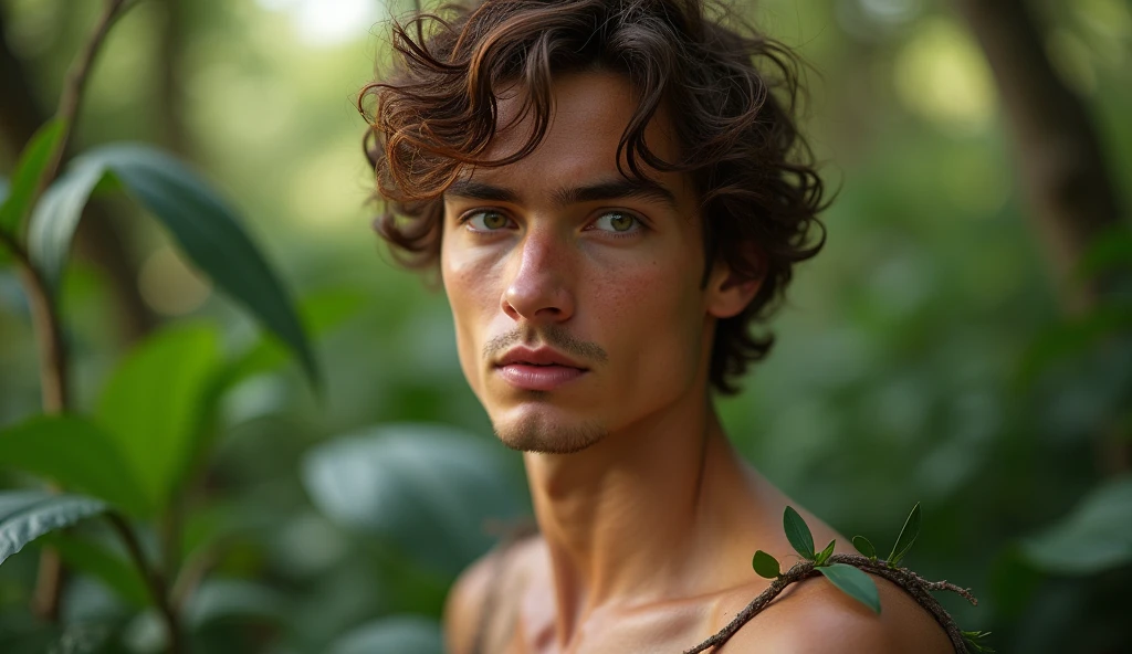 Adam the man in his mid 20s, is a descendant of Aphrodite, ah inherited a certain beauty from him, The he looks very pale, with beautiful, slightly greenish hazel eyes, curly hair not so long, hazelnut brown but sometimes some reddish lights, the boy has a fit body, He is tall and very attractive, too handsome, He is and is in the garden of Eden, 32K UHD, extremely detailed, high definition, style raw.